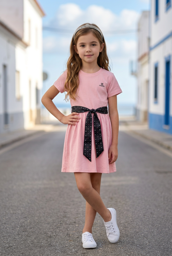 Girls Ribbon Waist Cotton Dress