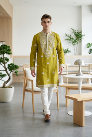 Olive Gold Floral Embroidered Kurta