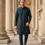 Royal Teal Embroidered Silk Kurta