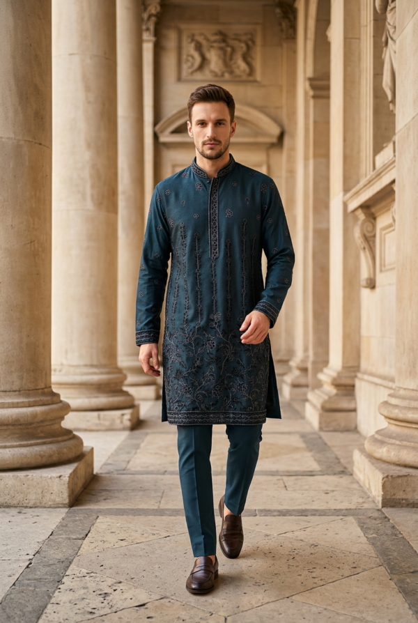 Royal Teal Embroidered Silk Kurta