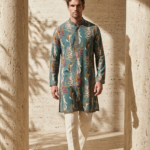Teal Botanical Printed Silk Kurta
