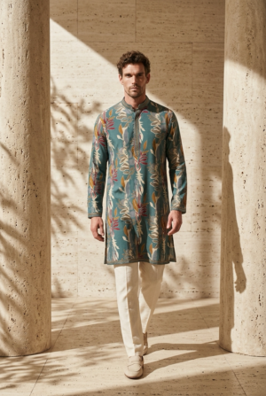 Teal Botanical Printed Silk Kurta