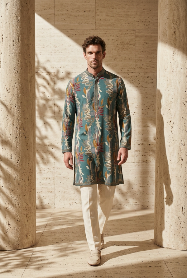 Teal Botanical Printed Silk Kurta