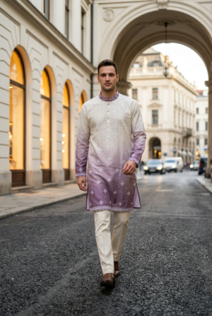Ivory Mauve Ombre Embroidered Kurta