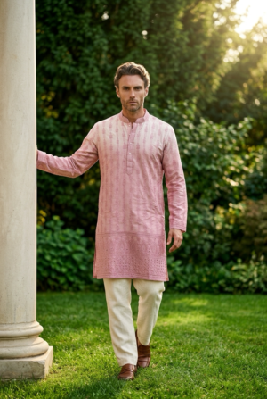 Blush Pink Vertical Textured Embroidered Kurta