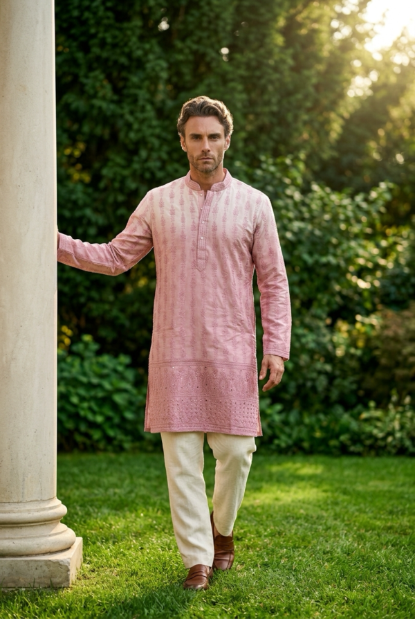 Blush Pink Vertical Textured Embroidered Kurta
