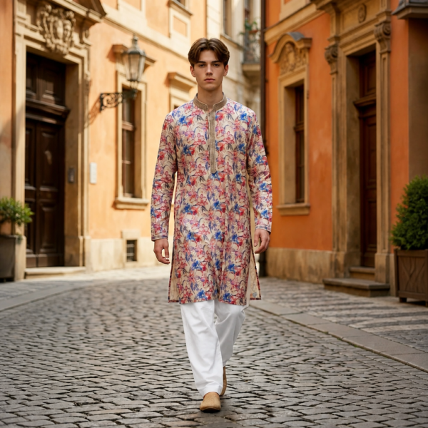 Ivory Floral Heritage Print Designer Kurta