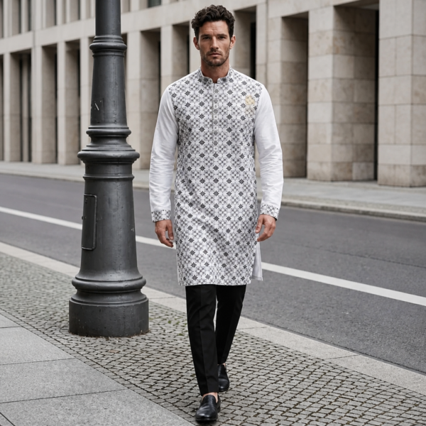 Ivory Black Geometric Print Designer Kurta
