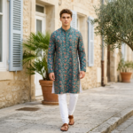 Teal Blossom Heritage Print Kurta