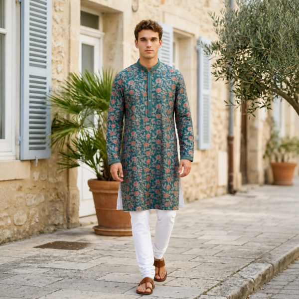 Teal Blossom Heritage Print Kurta