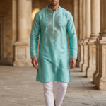 Aqua Blue Embroidered Silk Kurta