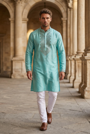 Aqua Blue Embroidered Silk Kurta