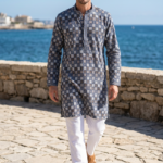 Navy Blue Geometric Checkered Heritage Kurta