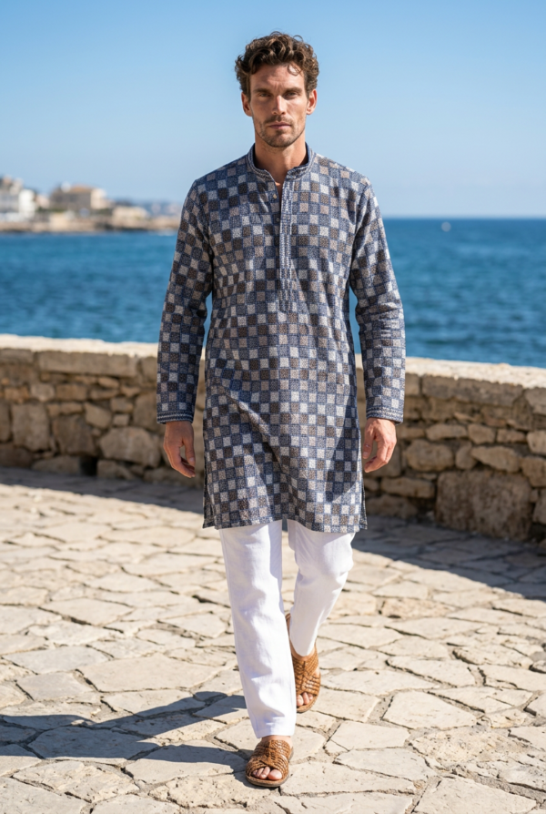 Navy Blue Geometric Checkered Heritage Kurta