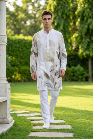 Ivory Botanical Leaf Print Kurta