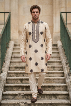 Ivory Black Medallion Embroidered Kurta