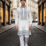 Ivory Blue Heritage Embroidered Kurta