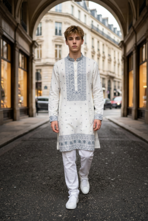 Ivory Blue Heritage Embroidered Kurta