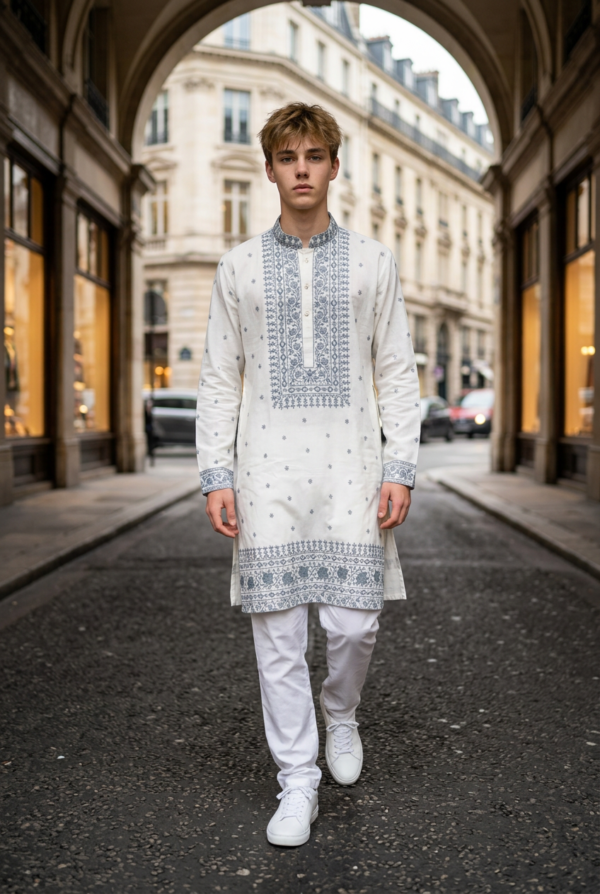 Ivory Blue Heritage Embroidered Kurta