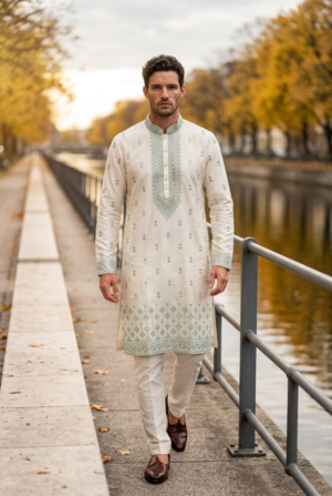 Ivory Sage Green Heritage Embroidered Kurta
