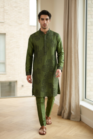 Olive Green Floral Textured Kurta
