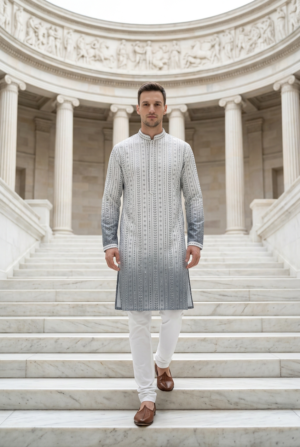 Silver Grey Vertical Embroidered Kurta