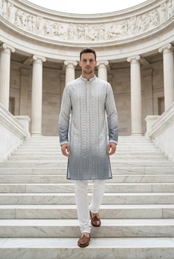 Silver Grey Vertical Embroidered Kurta