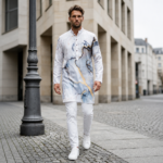 Ice Blue Marble Print Designer Kurta