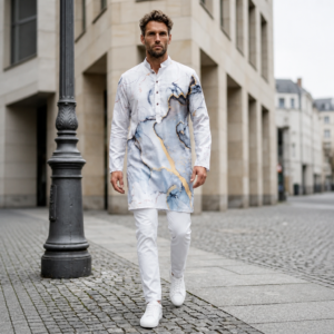 Ice Blue Marble Print Designer Kurta