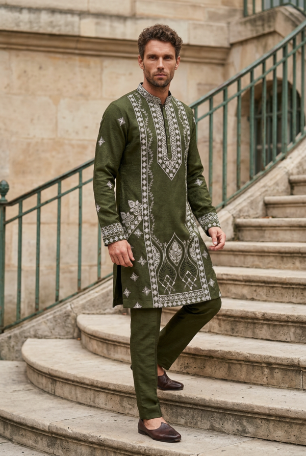 Royal Olive Embroidered Kurta Pajama
