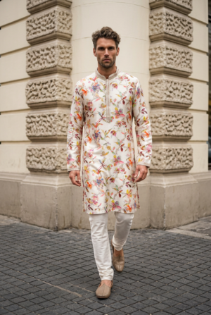 Royal Floral Ivory Printed Kurta Pajama