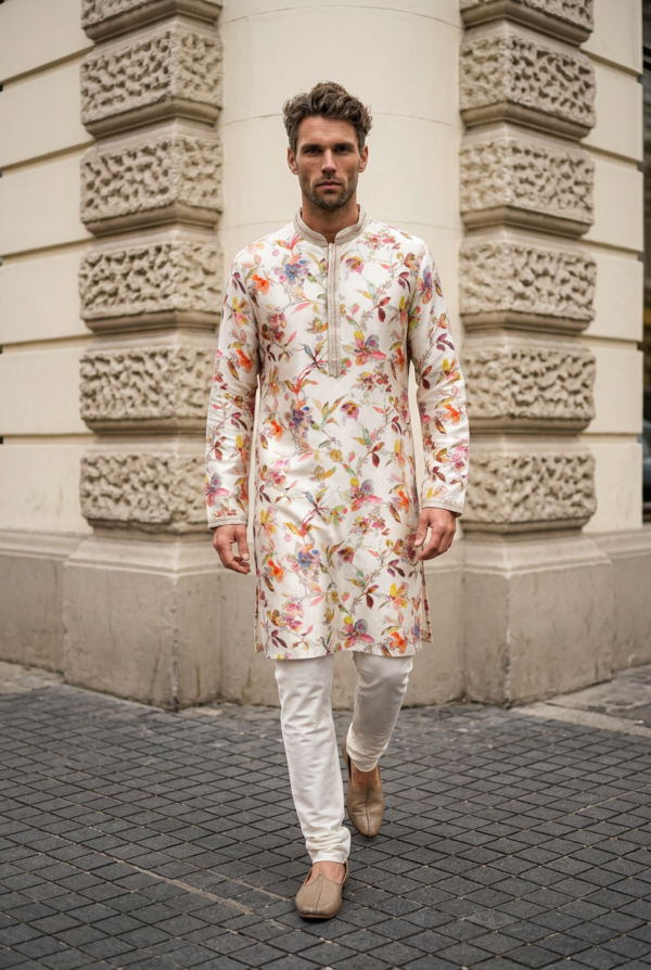 Royal Floral Ivory Printed Kurta Pajama