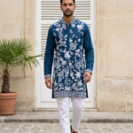 Royal Navy Floral Embroidered Kurta Pajama