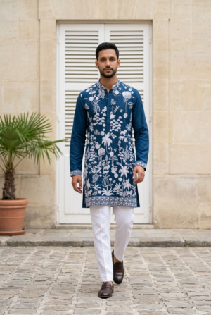 Royal Navy Floral Embroidered Kurta Pajama