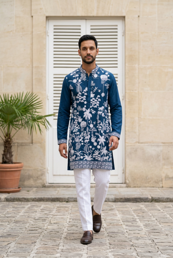Royal Navy Floral Embroidered Kurta Pajama