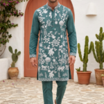 Royal Teal Floral Embroidered Kurta Pajama