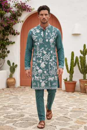 Royal Teal Floral Embroidered Kurta Pajama