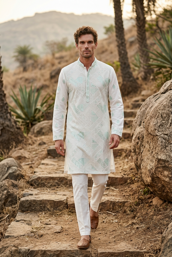 Royal Mint Geometric Embroidered Kurta Pajama