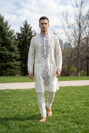 Royal Ivory Lavender Embroidered Kurta Pajama