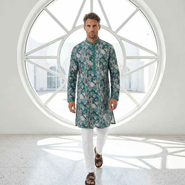 Royal Teal Floral Print Kurta Pajama